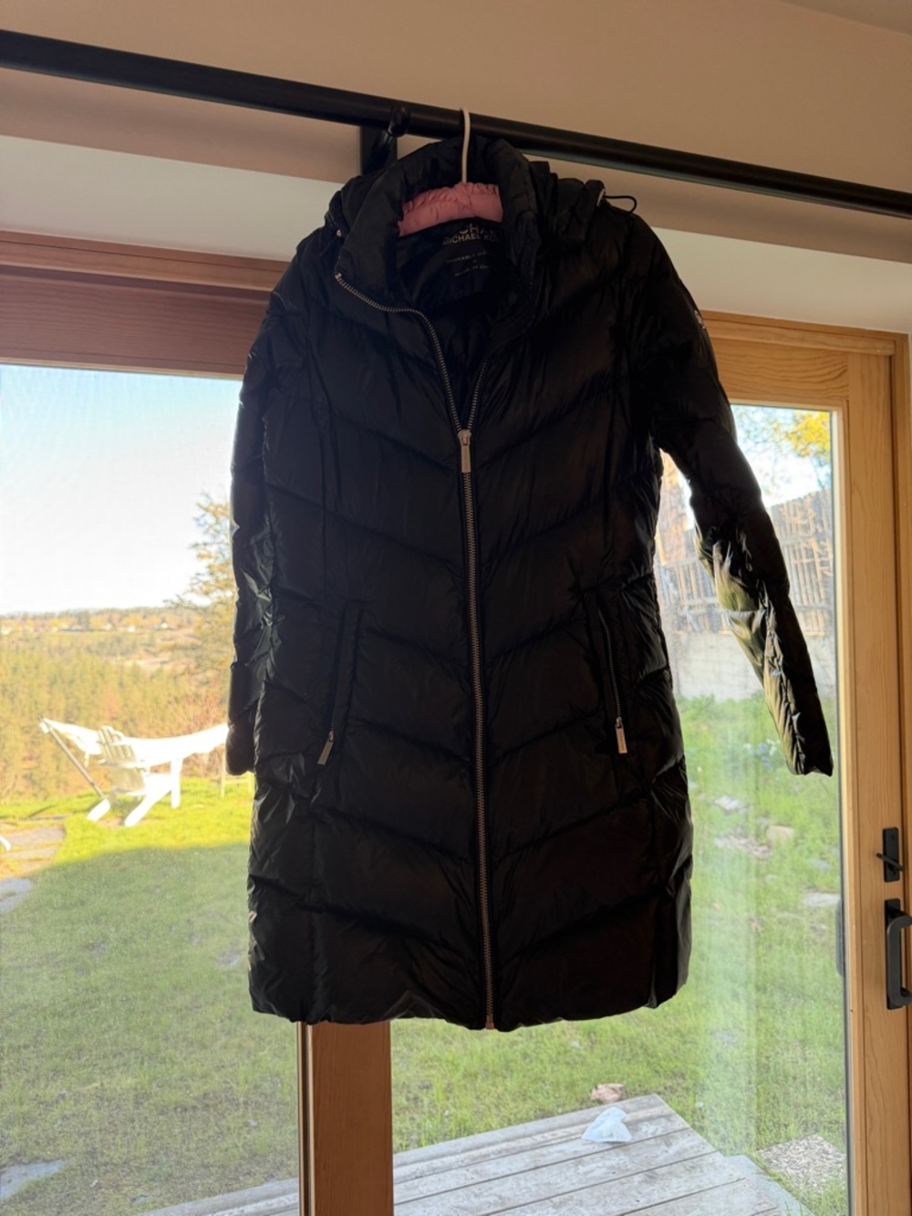 Michael Kors Black Quilted Mid-Length Puffer Coat with Pink Lining